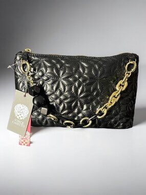 Vince Camuto Quilted Faux Leather Bag Black Gold Chain Shoulder